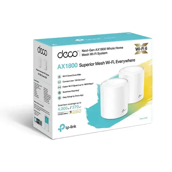 TP-Link Deco X20 (2 vnt.), "Wi-Fi 5" (802.11ac), dviejų dažnių (2,4 GHz / 5 GHz), Ethernet LAN, 4G, baltas, stalinis maršrutizatorius