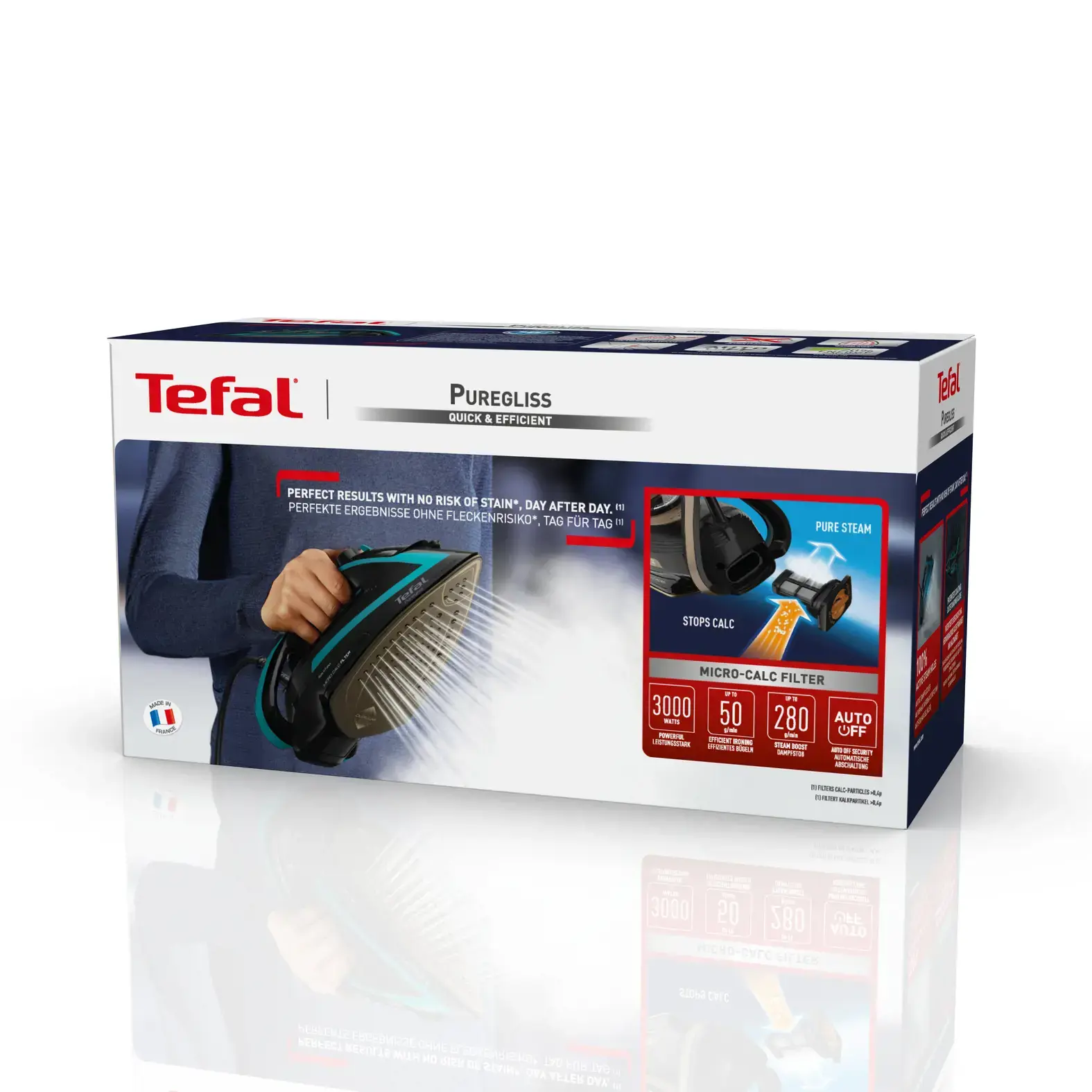 Tefal Puregliss FV8066, Dry & Steam iron, Durilium AirGlide Autoclean soleplate, 2 m, 280 g/min, Black, Blue, 50 g/min