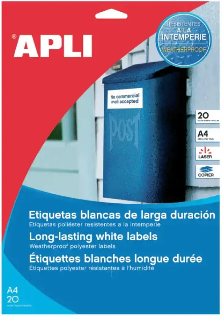 Lipnios etiketės APLI, 210 x 297 mm, A4, atsparūs, 1 lipdukai lape, 20 lapų, balta