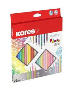 Spalvoti pieštukai KORES KOLORES STYLE, tribriauniai, 3mm, 26 spalvos (6 metalizuotos, 4 pastelinės
