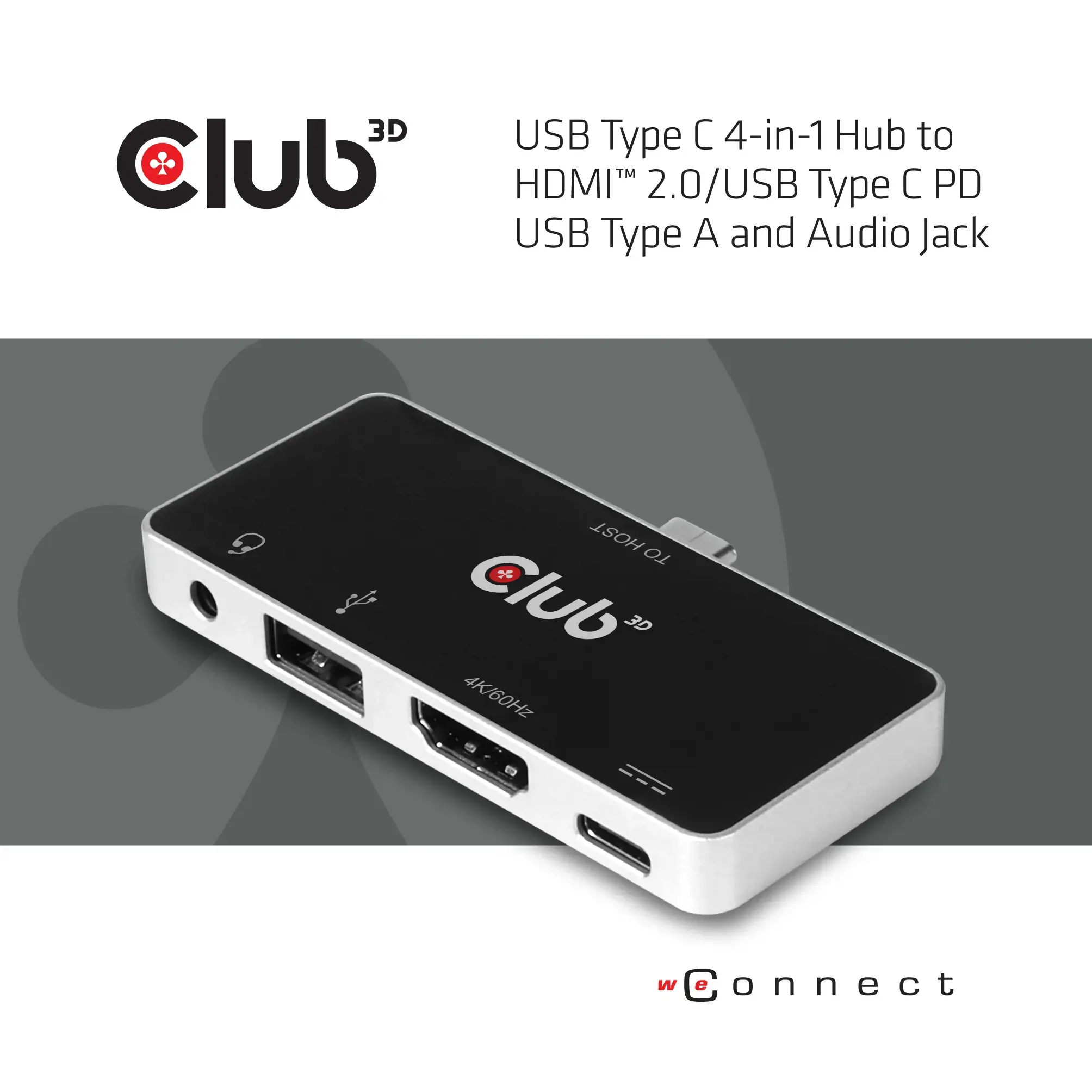 CLUB3D USB Type C 4-in-1 Hub to HDMI™ 4K60Hz USB Type C PD / USB Type A / Audio jack, Docking, USB 3.2 Gen 1 (3.1 Gen 1) Type-C, 100 W, 3.5 mm, Black, Chrome, 4K Ultra HD