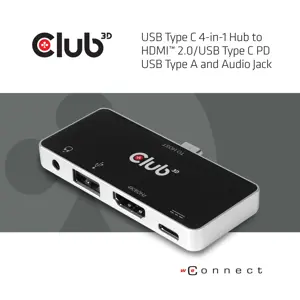 CLUB3D USB Type C 4-in-1 Hub to HDMI™ 4K60Hz USB Type C PD / USB Type A / Audio jack, Docking, USB …