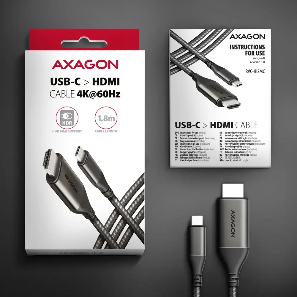 AXAGON RVC-HI2MC USB-C -> HDMI 2.0 adapteris 4K/60Hz Aliuminis, 1,8 m ilgio kabelis