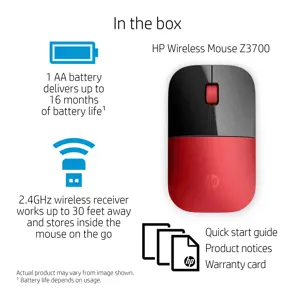 HP Z3700 raudona belaidė pelė, dvipusė, optinė, RF belaidė, 1200 DPI, juoda, raudona