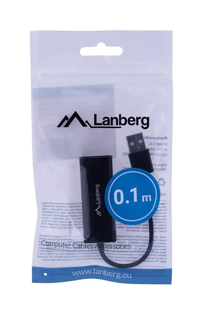 LANBERG NC-0100-01 Lanbergo adapteris Lan kortelė USB 2.0 - RJ45 100MB, su kabeliu