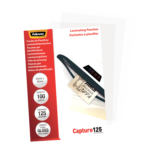 "Fellowes" blizgus 125 mikronų kortelių laminavimo maišelis - 65x95 mm, skaidrus, plastikinis, 90 mm, 68 mm, 1 mm, 100 vnt.