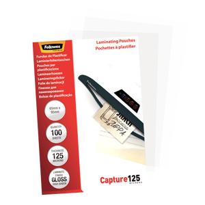 "Fellowes" blizgus 125 mikronų kortelių laminavimo maišelis - 65x95 mm, skaidrus, plastikinis, 90 mm, 68 mm, 1 mm, 100 vnt.