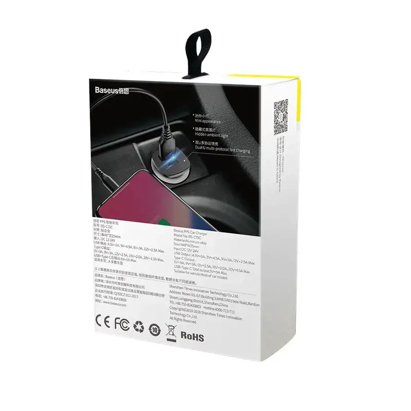 "Baseus" kvadratinis metalinis automobilinis įkroviklis USB+Type-C 30W PPS (PD3.0/QC4.0/SCP/AFC) juodas (juodas)