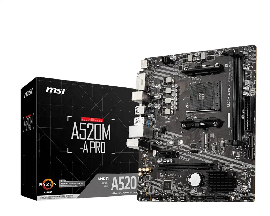 MSI A520M-A PRO, AMD, "Socket AM4", 3 kartos "AMD Ryzen™ 3", 3 kartos "AMD Ryzen 5", 3 kartos "AMD Ryzen™ 7", 3 kartos..., DDR4-SDRAM, 64 GB, DIMM
