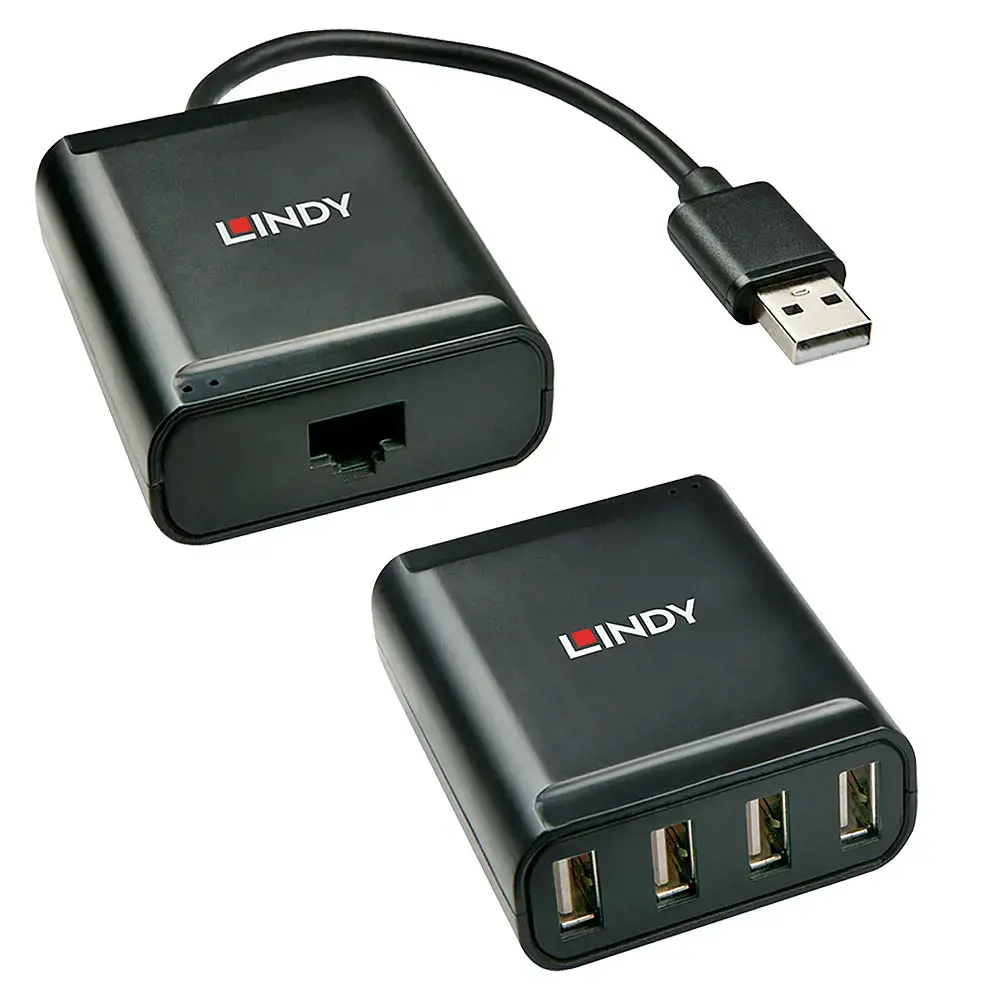 "Lindy" USB 2.0 Cat.5 ilgintuvas 60 m, 4 prievadai, USB 2.0, RJ-45, USB 2.0, juodas, metalinis, 52 mm, 60 mm