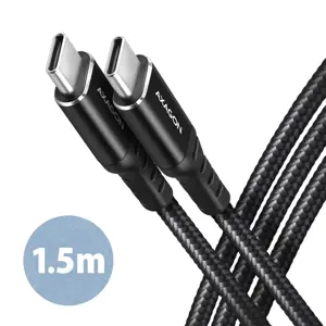 Axagon Duomenų perdavimo ir įkrovimo USB 2.0 kabelis, 1,5 m ilgio. PD 60 W, 3A. Juodos spalvos pint…