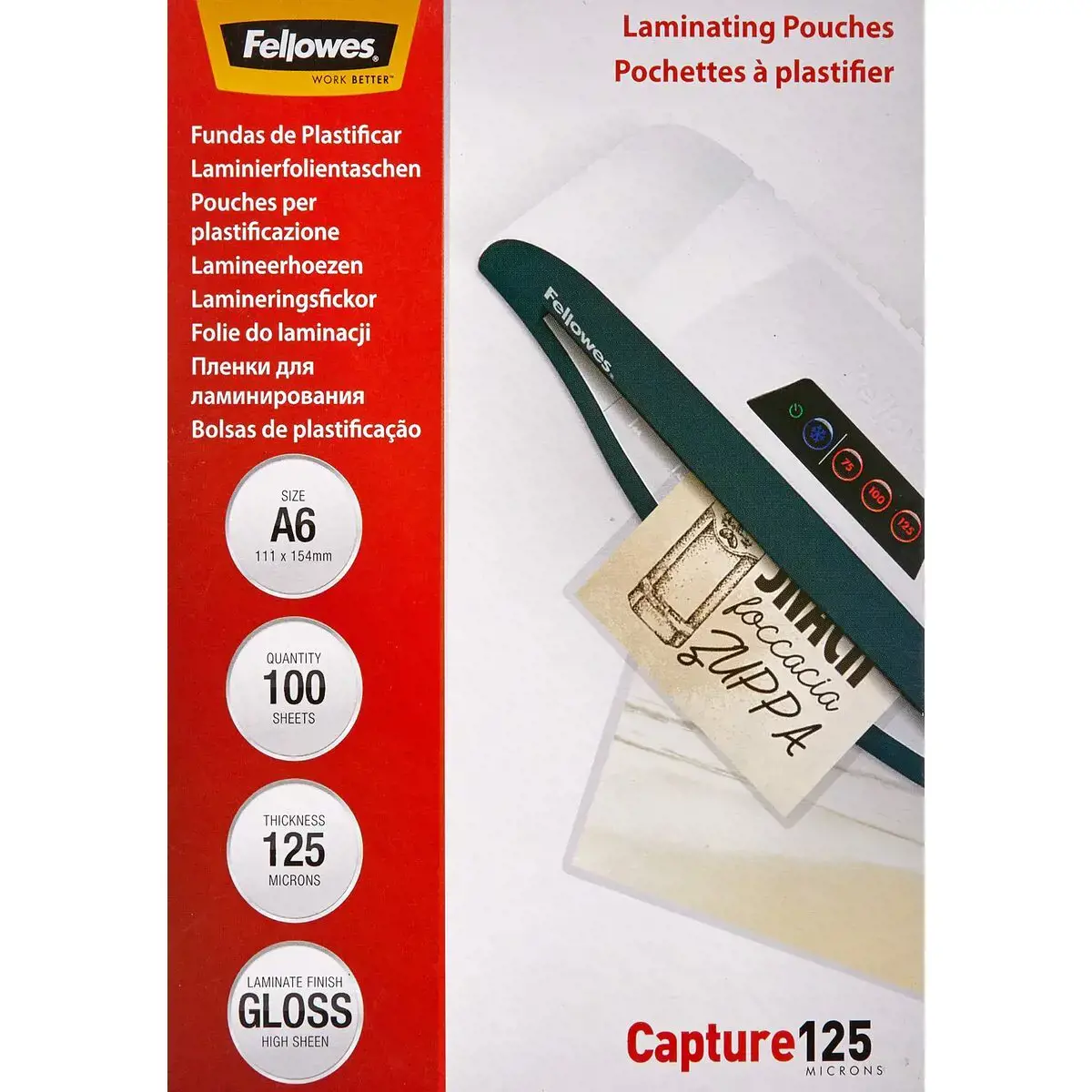 "Fellowes" A6 blizgus 125 mikronų laminavimo maišelis - 100 pakuočių, skaidrus, plastikinis, 160 mm, 118 mm, 1 mm, 100 vnt.