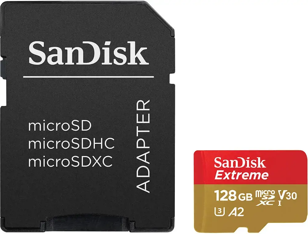"SanDisk Extreme microSDXC" 128GB + SD adapteris + 1 metų "RescuePRO Deluxe" iki 190MB/s ir 90MB/s skaitymo/rašymo greitis A2 C10 V30 UHS-I U3; EAN:619659188450