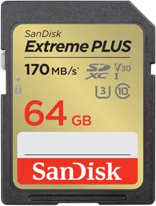 "SanDisk Extreme PLUS" 64GB SDXC atminties kortelė + 2 metų "RescuePRO Deluxe" iki 170MB/s ir 80MB/…