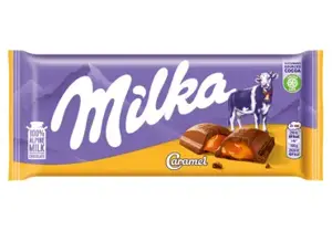 Pieninis šokoladas iš Alpių pieno MILKA, su karamelės įdaru, 100 g, N