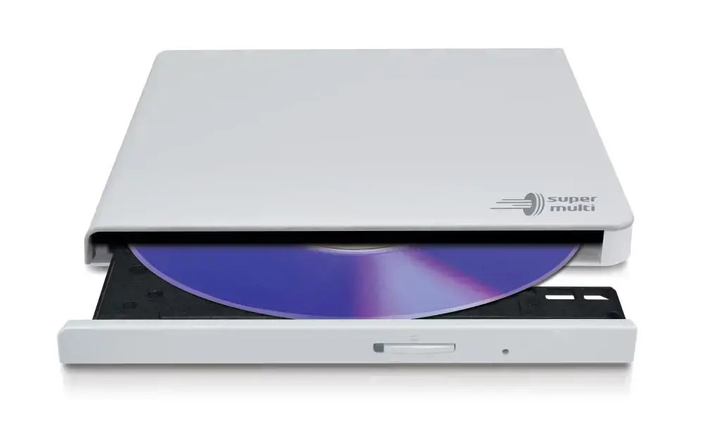 "Hitachi-LG Slim" nešiojamasis DVD rašytuvas, baltas, dėklas, stalinis/nešiojamasis kompiuteris, DVD±RW, USB 2.0, 60000 h
