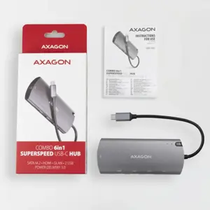 Axagon HMC-6M2 SUPERSPEED USB-C COMBO 6IN1 HUBMultiport USB 3.2 Gen 1 šakotuvas. SATA M.2, HDMI, Gigabit LAN ir Power Delivery. Kabelis USB-C 18 cm.