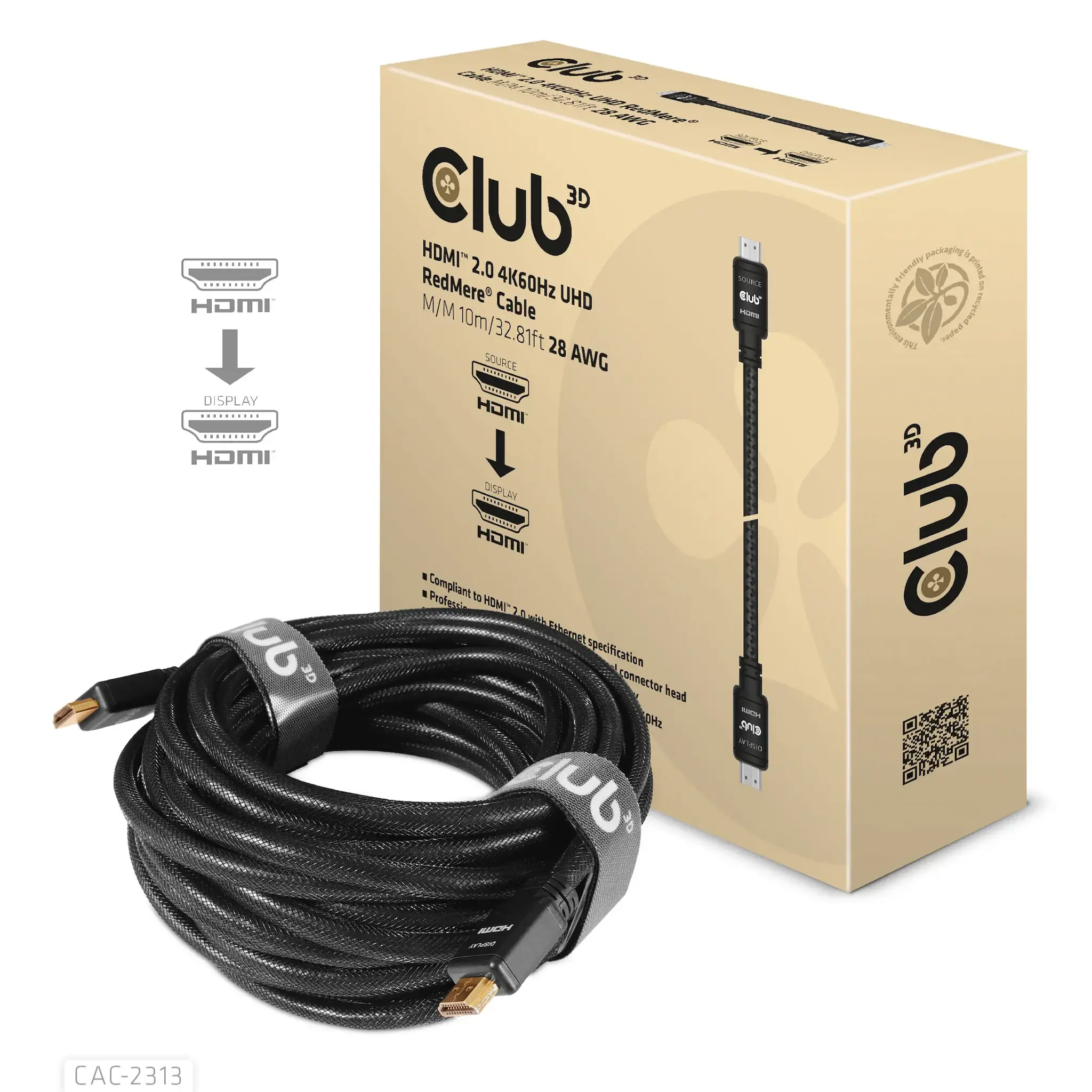 CLUB3D HDMI 2.0 4K60Hz RedMere cable 10m/32.8ft, 10 m, HDMI Type A (Standard), HDMI Type A (Standard), 3D, 18 Gbit/s, Black