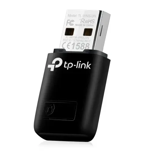TP-LINK N300 WLAN mini-USB adapteris, 2,4 GHz, 802.11b/g/n, QSS-Taste, Autorun-Tool, palaiko "Windows XP/Vista/7/8" ir "MacOS