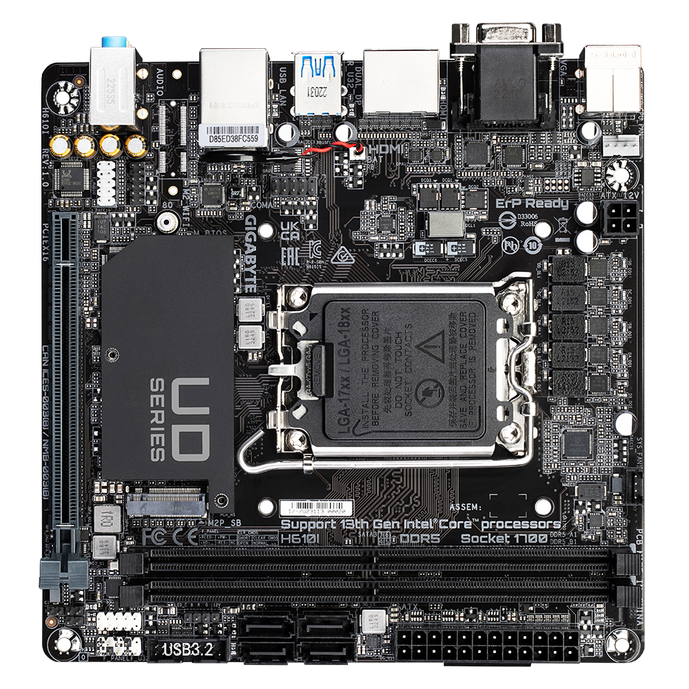 GIGABYTE H610I Motherboard - Supports Intel Core 14th CPUs, 4+1+1 Hybrid Digital VRM, up to 5600MHz DDR5, 1xPCIe 3.0 M.2, GbE LAN, USB 3.2 Gen 1, Intel, LGA 1700, Intel® Celeron®, Intel® Core™ i3, Intel® Core™ i5, Intel® Core™ i7, Intel® Core™ i9, Intel Pentium G, LGA 1700, 64 GB, DDR5-SDRAM