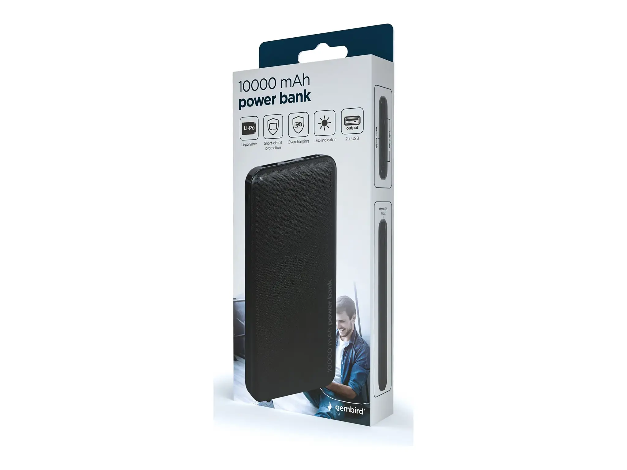 GEMBIRD PB10-02 10000 mAh maitinimo bankas, juodas
