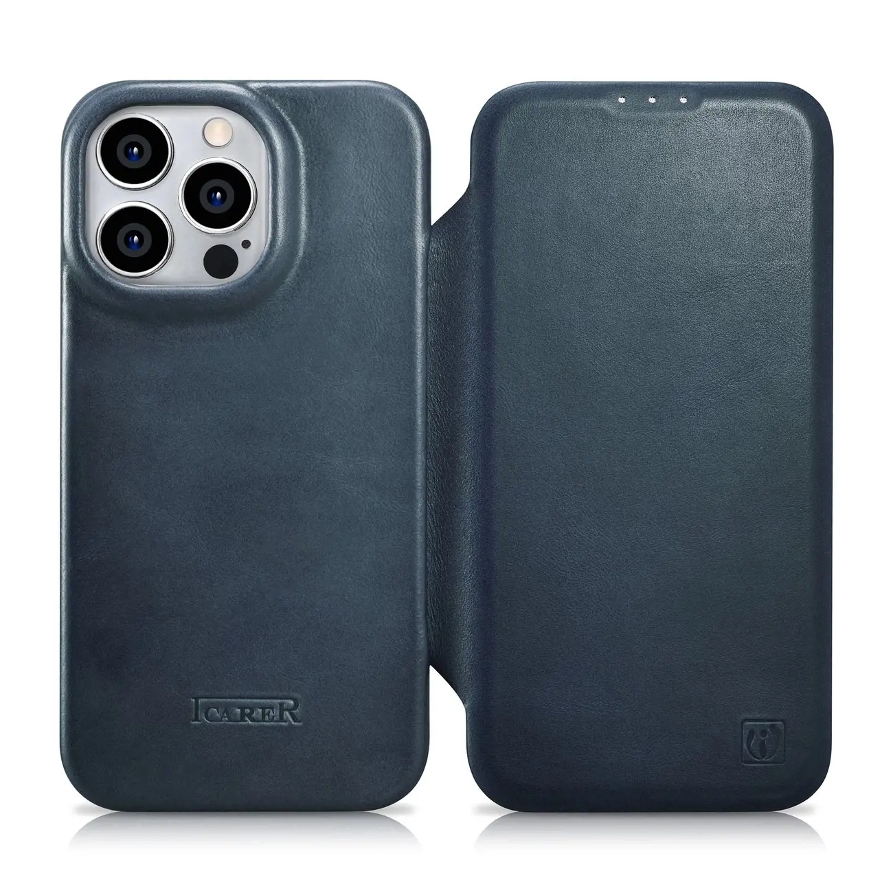 "iCarer CE Oil Wax Premium Leather Folio Case" odinis dėklas "iPhone 14 Pro", magnetinis "MagSafe", mėlynas (AKI14220706-BU)