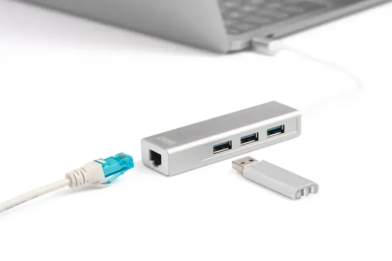 DIGITUS 3 prievadų USB 3.0 C tipo šakotuvas su Gigabit Ethernet 3xUSB A/F 1xUSB C/M 1xRJ45 LAN Palaiko Windows ir Mac OS