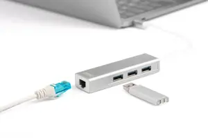 DIGITUS 3 prievadų USB 3.0 C tipo šakotuvas su Gigabit Ethernet 3xUSB A/F 1xUSB C/M 1xRJ45 LAN Palaiko Windows ir Mac OS
