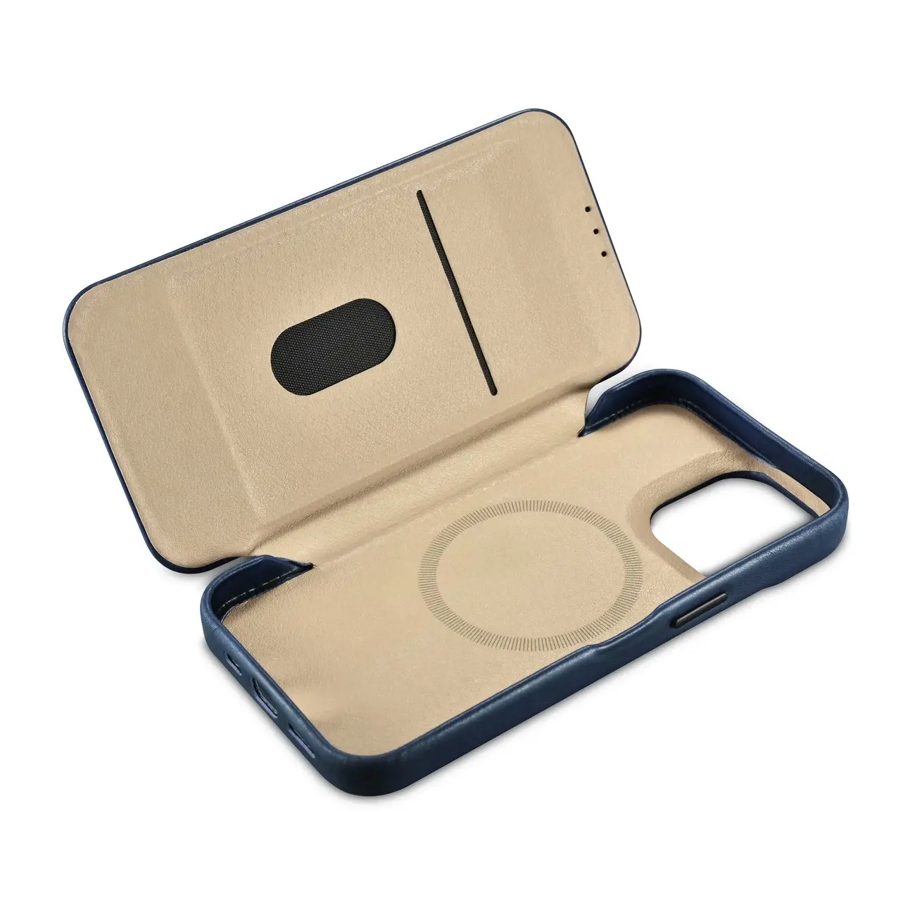 "iCarer CE Oil Wax Premium Leather Folio Case" odinis dėklas "iPhone 14 Pro", magnetinis "MagSafe", mėlynas (AKI14220706-BU)