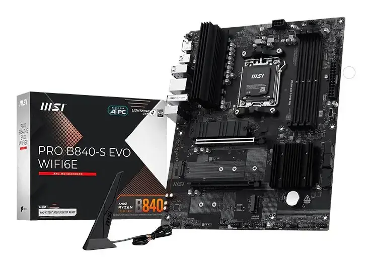 PRO B840-S EVO WIFI6E | MSI Processor family AMD | Processor socket AM5 | Supported hard disk drive interfaces SATA, M.2 | Number of SATA connectors 4