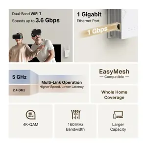 TP-LINK BE3600 Dual-Band Wi-Fi 7 Range Extender | RE225BE | 802.11ax | 2882/688 Mbit/s | Ethernet LAN (RJ-45) ports 1 | MU-MiMO No | no PoE | Antenna type External