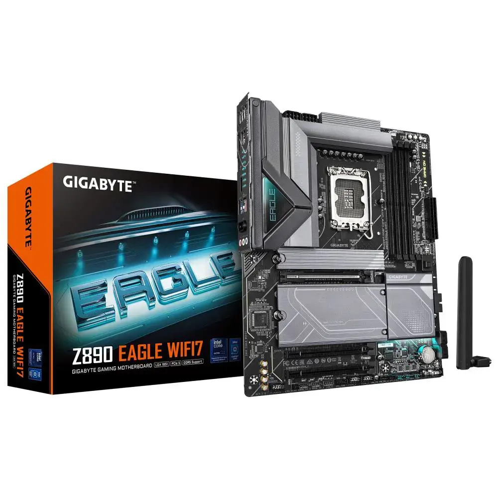 Mainboard GIGABYTE Intel Z890 LGA1851 ATX Memory DDR5 Memory slots 4 2xPCI-Express 4.0 4x. 1xPCI-Express 5.0 16x 4xM.2 1xDisplayPort 4xUSB 2.0 5xUSB 3.2 1xUSB-C 1xRJ45 3xAudio port Z890EAGLEWIFI7