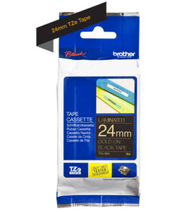 Brother laminuota juosta 24 mm, aukso spalvos, juoda, TZe, terminis perkėlimas, Brother, PT-7600, PT-2430PC, PT-2700, PT-2730, PT-9600, PT-9700PC, PT-9800PCN, 2,4 cm