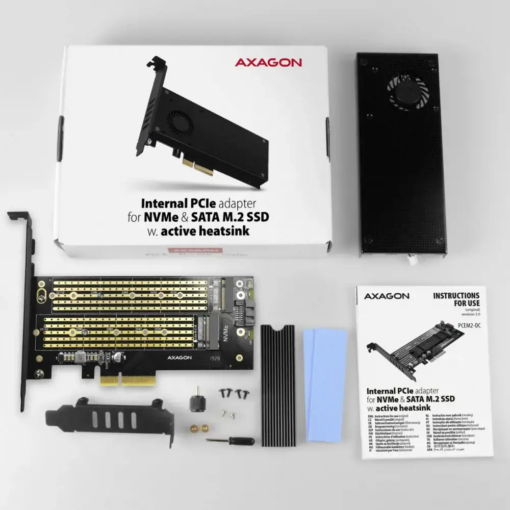 AXAGON PCEM2-DC PCI-E 3.0 4x - DUAL M.2 SSD (NVMe + SATA), dviguba įtampa, iki 110 mm SSD, ventiliatorius + radiatorius