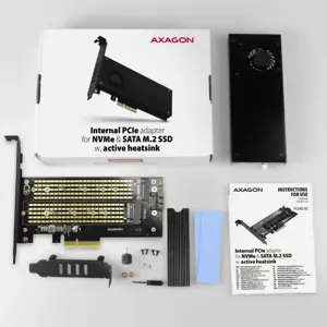 AXAGON PCEM2-DC PCI-E 3.0 4x - DUAL M.2 SSD (NVMe + SATA), dviguba įtampa, iki 110 mm SSD, ventiliatorius + radiatorius