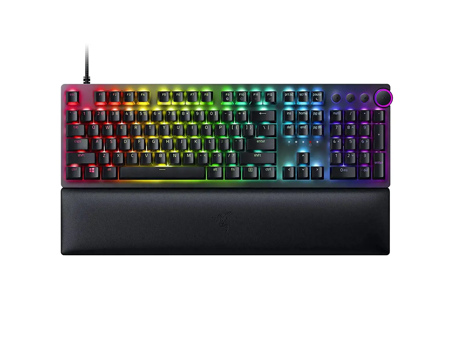 "Razer Huntsman V2" optinė žaidimų klaviatūra su RGB LED apšvietimu, šiaurietiškas išdėstymas, laidinė, juoda, linijinis raudonas jungiklis, skaitmeninė klaviatūra