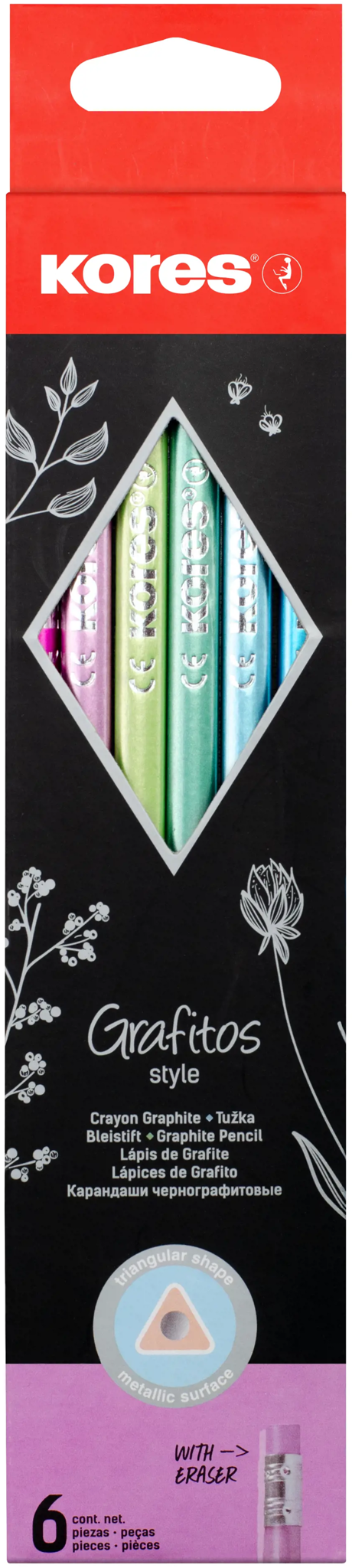 Grafitinių pieštukų rinkinys KORES GRAFITOS STYLE su trintuku, tribriauniai, HB, 6 metalizuotos spalvos