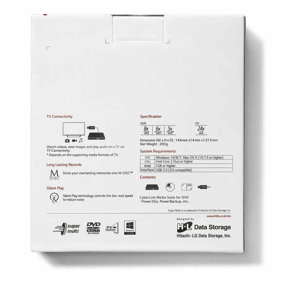 "Hitachi-LG Slim" nešiojamasis DVD įrašymo įrenginys, juodas, dėklas, stalinis/nešiojamasis kompiuteris, DVD±RW, USB 2.0, 60000 h