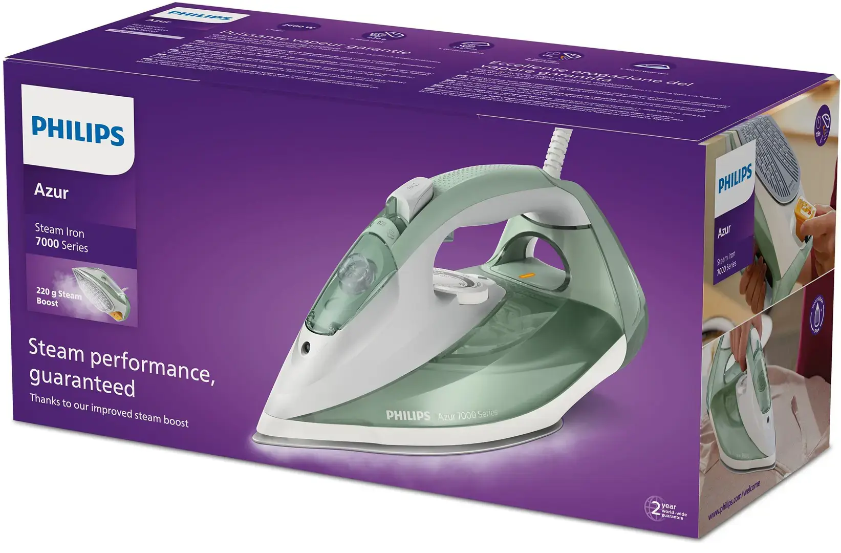 "Philips" 7000 serijos DST7012/70, garinis lygintuvas, "SteamGlide Plus" padas, 2 m, 220 g/min, žalias, pilkas, 45 g/min
