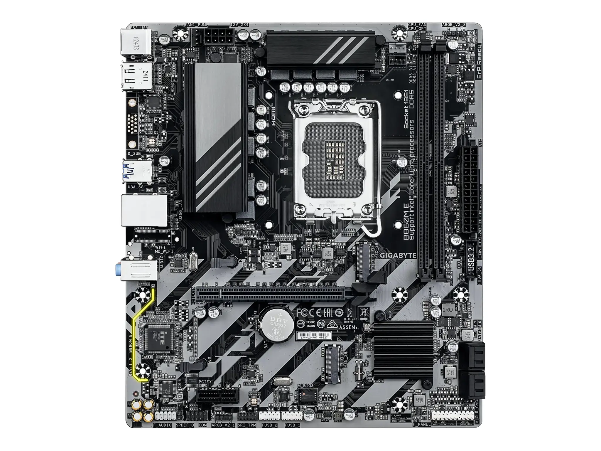 Gigabyte B860M E | Processor family Intel | Processor socket LGA1851 | DDR5 | Supported hard disk drive interfaces SATA, M.2 | Number of SATA connectors 4