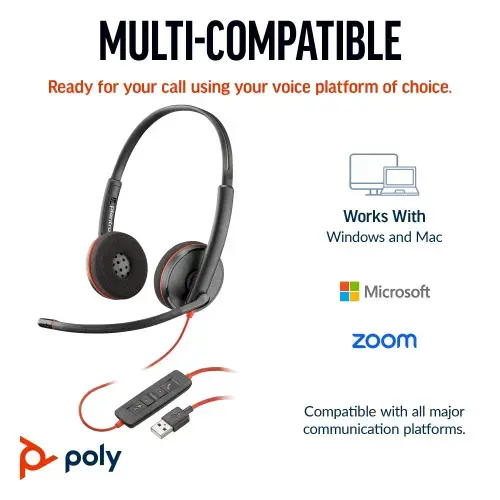 POLY Blackwire 3220 Stereo USB-C Headset +USB-C/A Adapter, Wired, Business/Everyday, 119 g, Headset, Black