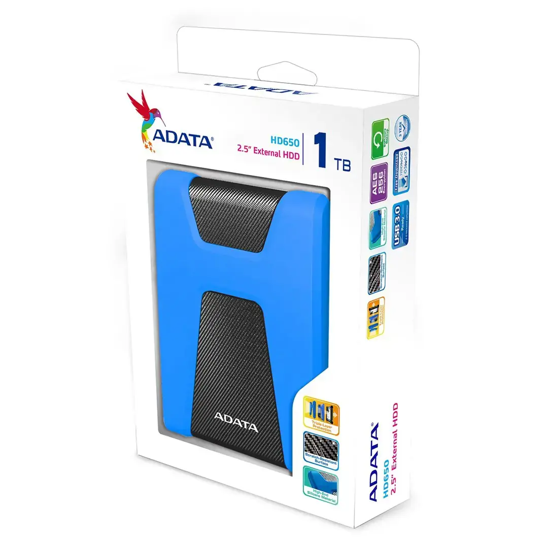 ADATA HD650 išorinis kietasis diskas (1 TB; 2,5"; USB 3.2; mėlynos spalvos)
