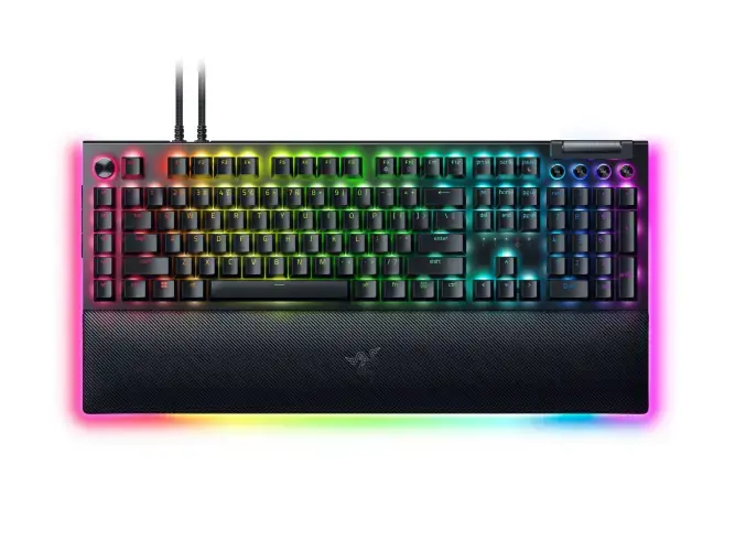 "Razer BlackWidow V4 Pro" mechaninė žaidimų klaviatūra su RGB LED apšvietimu, JAV, laidinė, juoda, geltoni jungikliai, skaičių klaviatūra