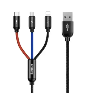 "Baseus" trijų pagrindinių spalvų 3in1 USB - micro USB / "Lightning" / USB-C nailoninis pintas kabe…