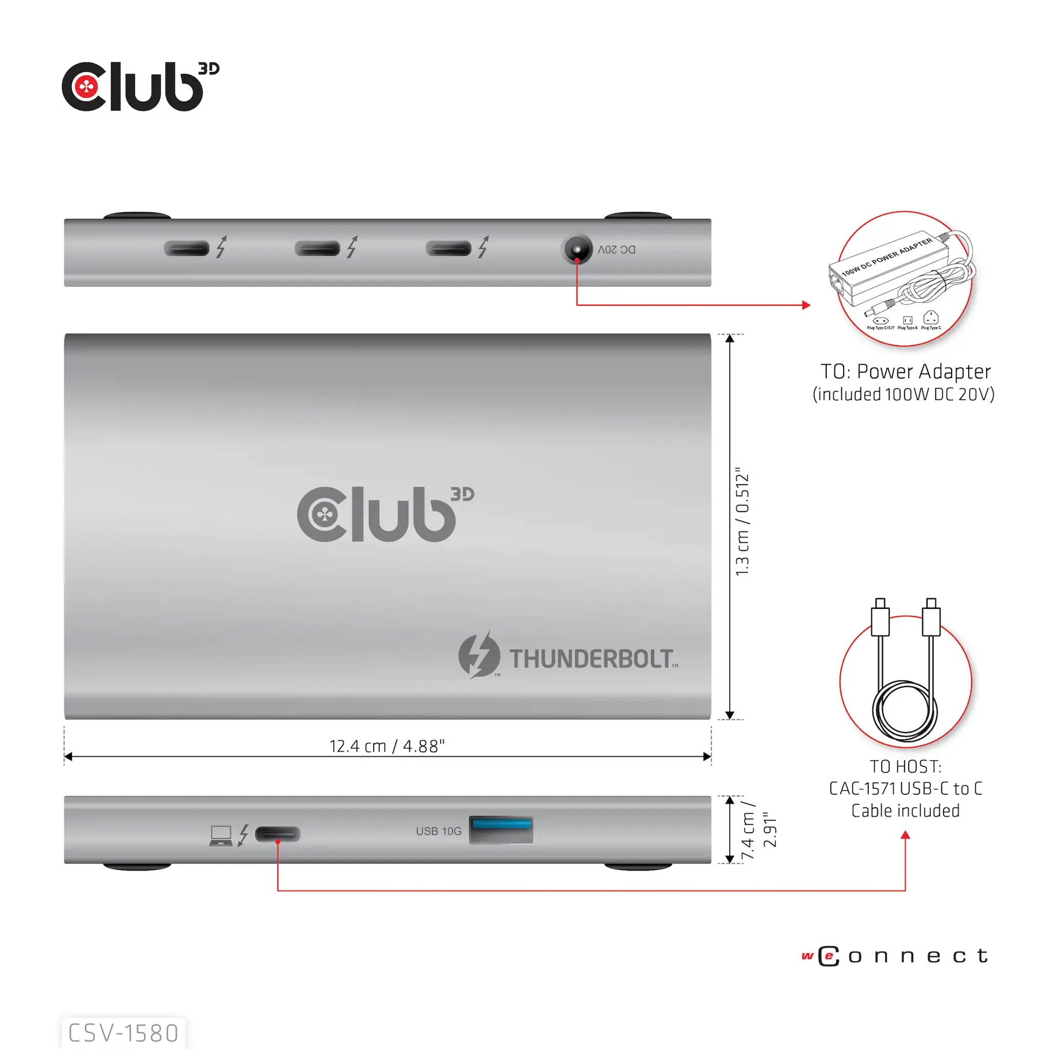 CLUB3D Certified Thunderbolt™4 Portable 5-in-1 Hub with Smart Power, Docking, Thunderbolt 4, Silver, OS Support: Windows10™ or above version supported Thunderbolt™ 4 host MacOS™ 11 or above..., DC, 10 W