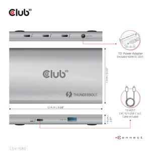 CLUB3D Certified Thunderbolt™4 Portable 5-in-1 Hub with Smart Power, Docking, Thunderbolt 4, Silver, OS Support: Windows10™ or above version supported Thunderbolt™ 4 host MacOS™ 11 or above..., DC, 10 W