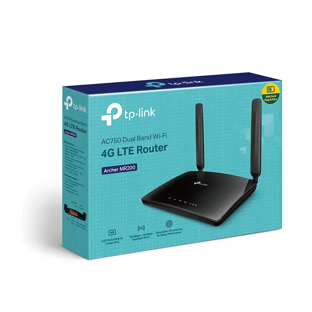 TP-Link Archer MR200, "Wi-Fi 5" (802.11ac), dviejų dažnių (2,4 GHz / 5 GHz), Ethernet LAN, 3G, juodas, stalinis maršrutizatorius