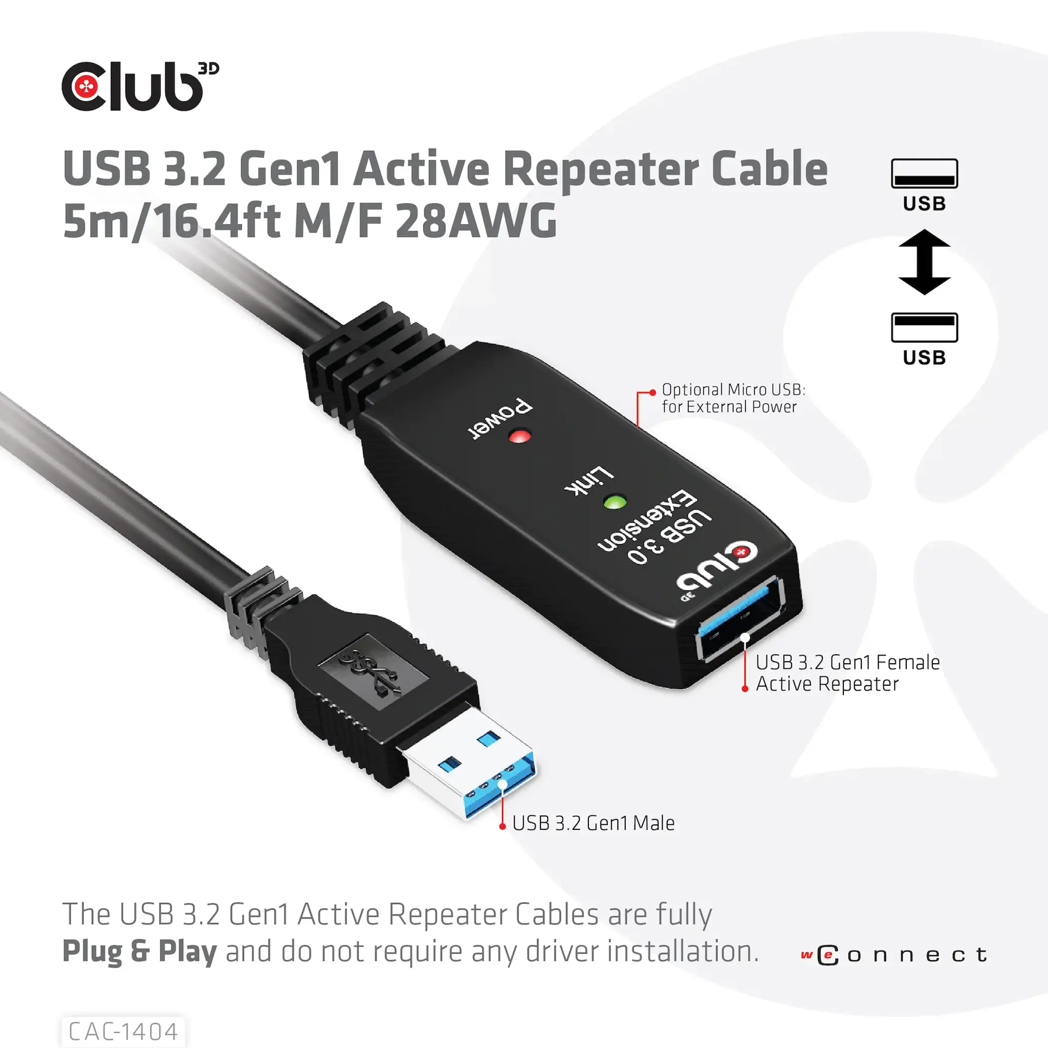 CLUB3D USB 3.2 Gen1 Active Repeater Cable 5m/ 16.4 ft M/F 28AWG, 5 m, USB A, USB A, USB 3.2 Gen 1 (3.1 Gen 1), Black