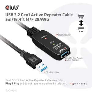 CLUB3D USB 3.2 Gen1 Active Repeater Cable 5m/ 16.4 ft M/F 28AWG, 5 m, USB A, USB A, USB 3.2 Gen 1 (3.1 Gen 1), Black