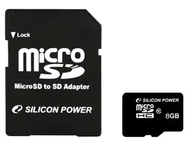 SILICONPOW SP008GBSTH010V10SP Silicon Power atminties kortelė Micro SDHC 8GB Class 10 + adapteris